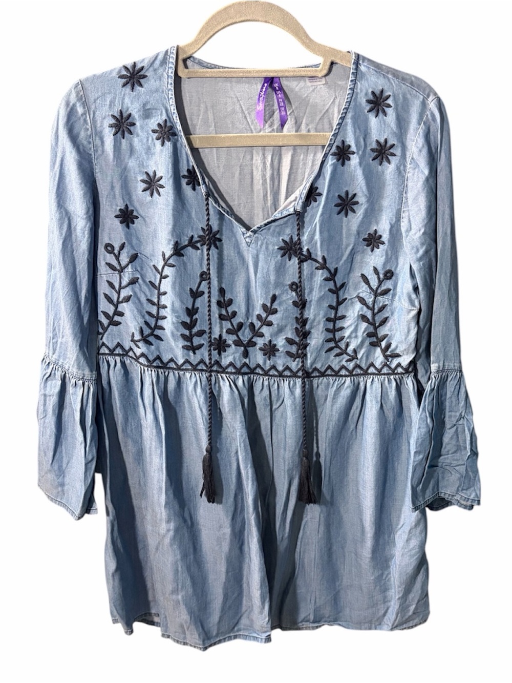 Seraphine Light Blue Embroidered V-Neck Tunic with Black Floral Stitching